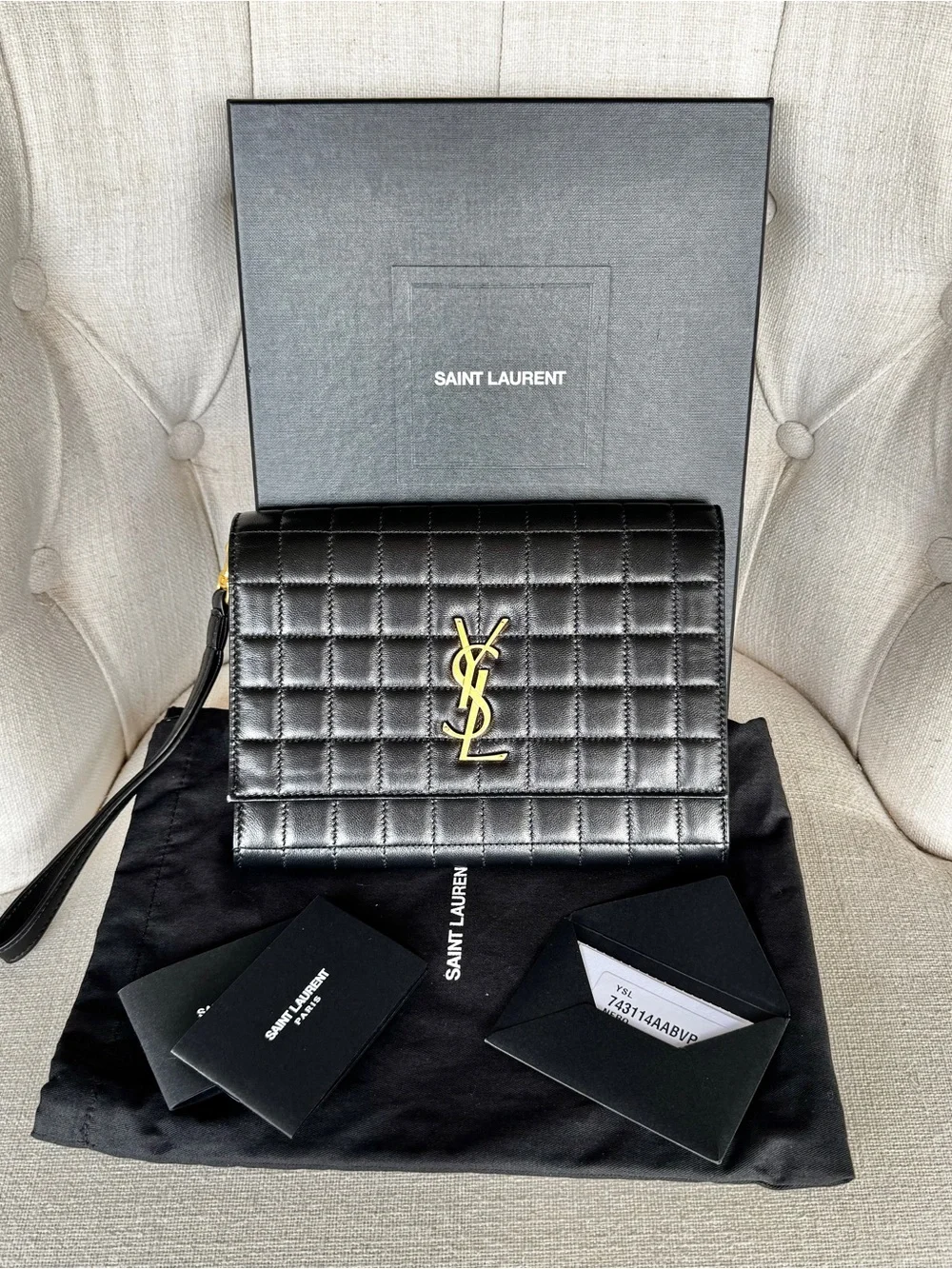 ✨ AUTH Saint Laurent Carré Quilted Cassandre Pouch/Clutch in Black Lambskin ✨
